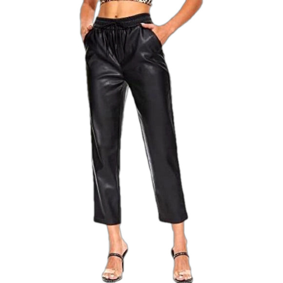 Tagoo Black Faux Leather High Waist Pull On Straight Leg Ankle Pants Size Small - Picture 1 of 8